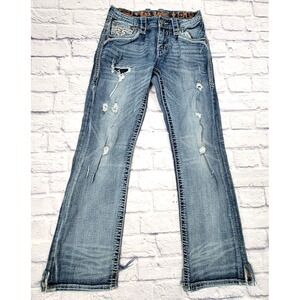 Rock Revival 28 Stretch Jeans Pauly B203 Boot Cut Distressed Frayed Ripped Hem
